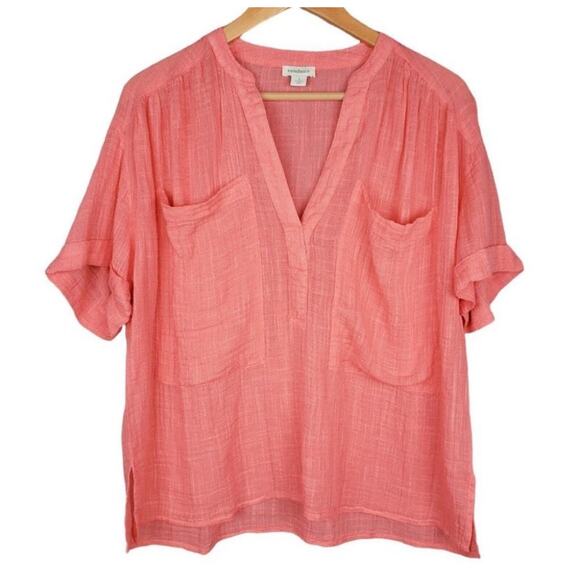 Sundance Tops - Sundance Catalog Gauze V-Neck Crinkle Pockets Cotton Blend Medium Coral Pink